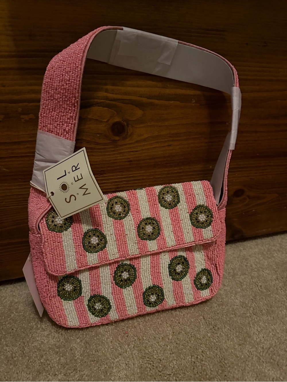 Pink Striped Beaded Shoulder Bag with Kiwis 🥝 RARE